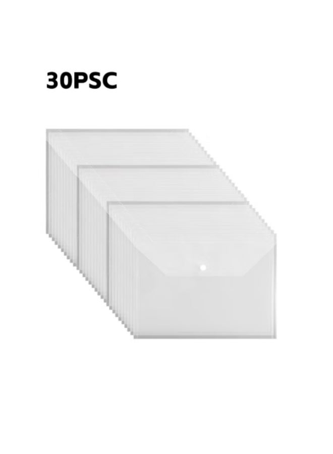 30 Pieces A4 Document Bags with Snap Button Closure, Clear Plastic Poly Envelopes Organizers, Waterproof Transparent File Folder Bags for Office, Home, School, Stationery - Image 1